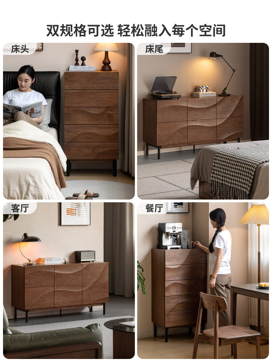Solid wood chest of drawers, Italian light luxury black walnut wavy pentagonal cabinet, bedside storage cabinet, bedroom side cabinet